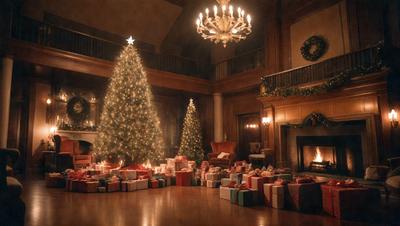 The primary subject of the image is a beautifully decorated Christmas tree, which is the centerpiece of the scene. The tree is surrounded by numerous wrapped presents, creating a festive atmosphere. The setting is a large room with a fireplace, adding warmth and coziness to the scene. The visual style of the image is a combination of photo and digital art, creating a realistic yet artistic representation of the Christmas tree and presents. The colors and mood of the image are predominantly warm and cheerful, with